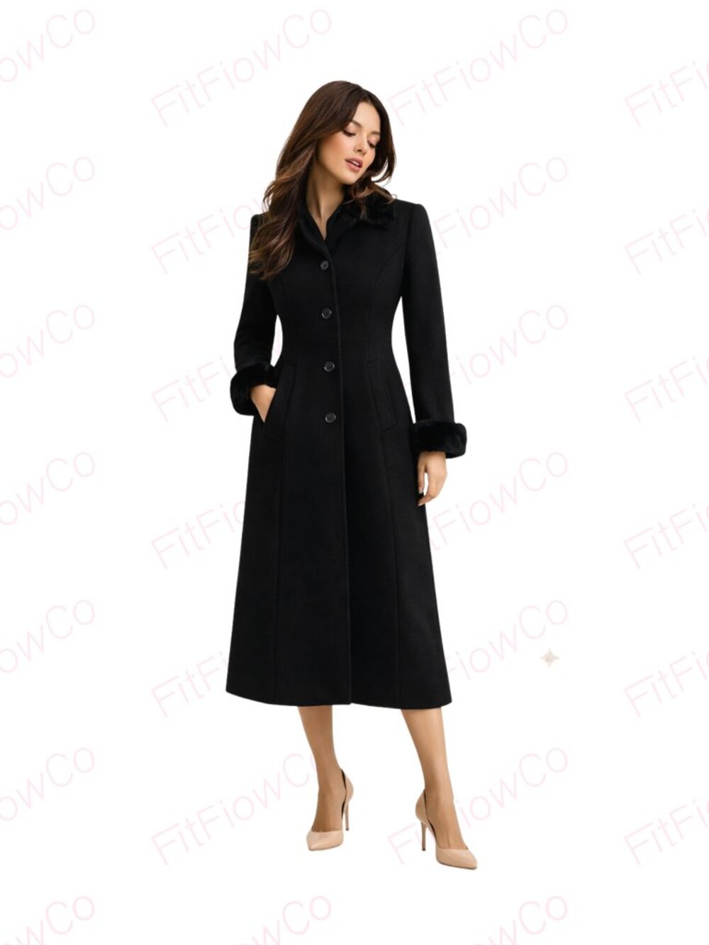 Donnybrook Black 100% Wool Faux Fur Trim Coat Petite 2P